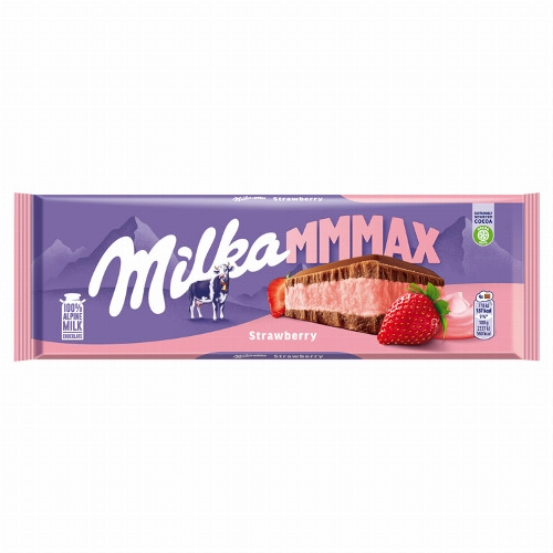 Milka Mmmax alpesi tej felhasználásával készült tejcsokoládé eperízű töltelékkel 300 g